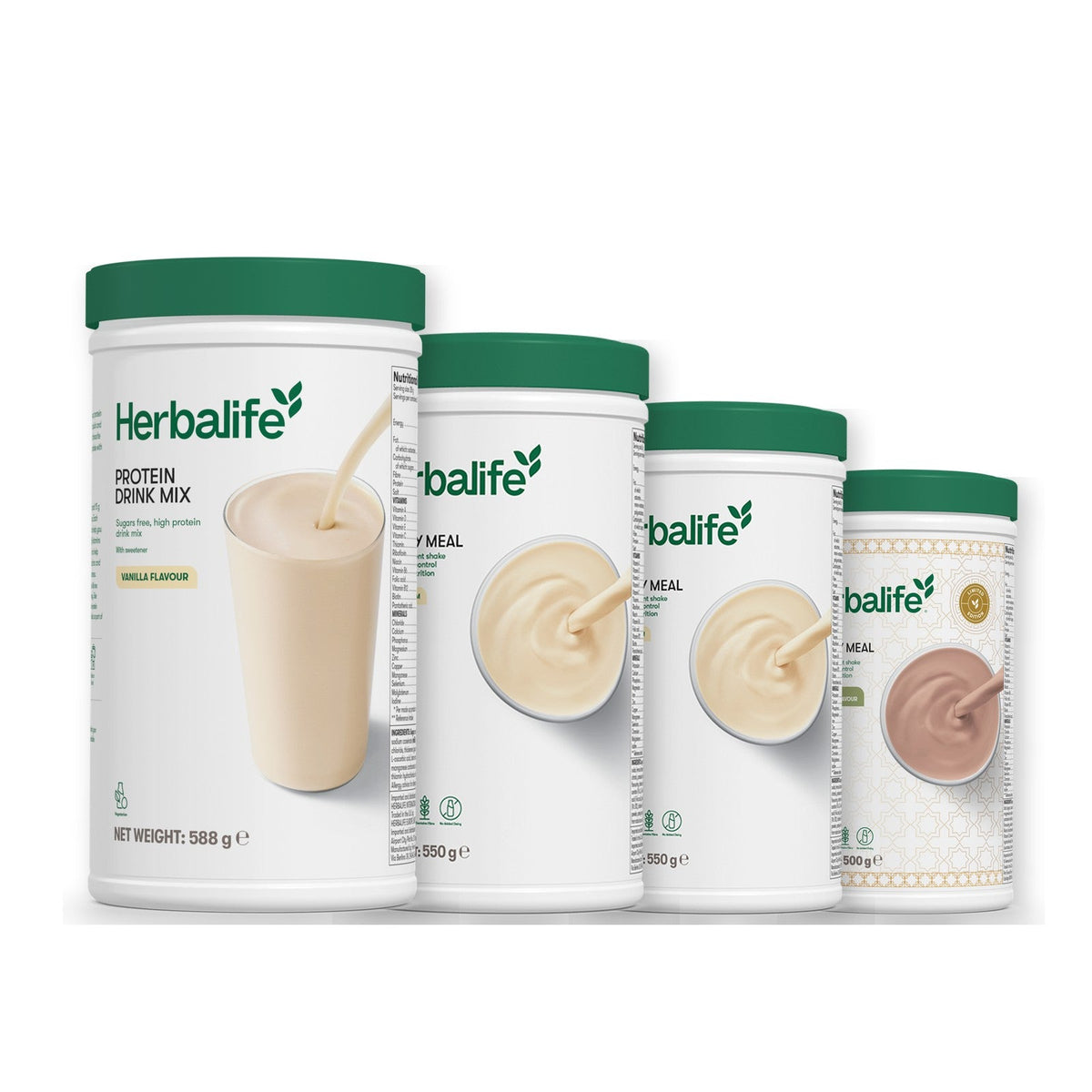 Formula 1 Vanilla Cream shake tub with two more Formula 1 tubs and a vanilla Protein Drink Mix tub, Vanilla / Dubai Style Chocolate