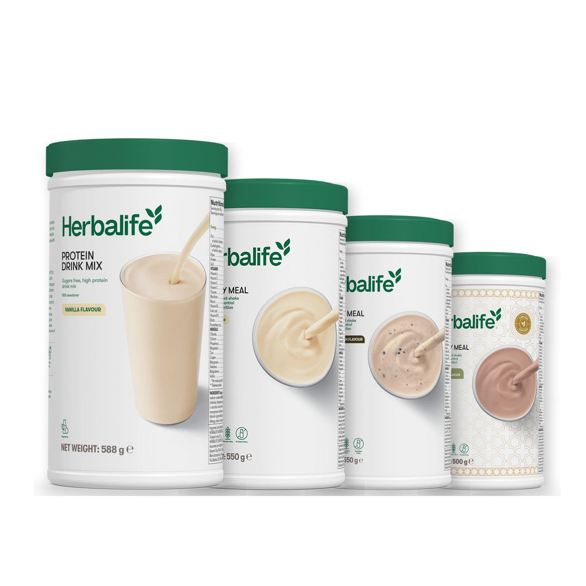 Formula 1 Vanilla Cream shake tub with two more Formula 1 tubs and a vanilla Protein Drink Mix tub, Cookie Crunch / Dubai Style Chocolate