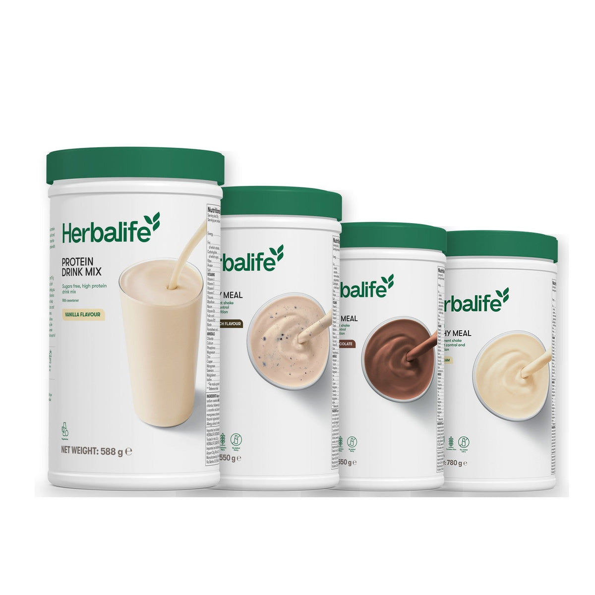 Formula 1 Cookie Crunch shake tub with two more Formula 1 tubs and a vanilla Protein Drink Mix tub, Chocolate / Vanilla (Large 780g)