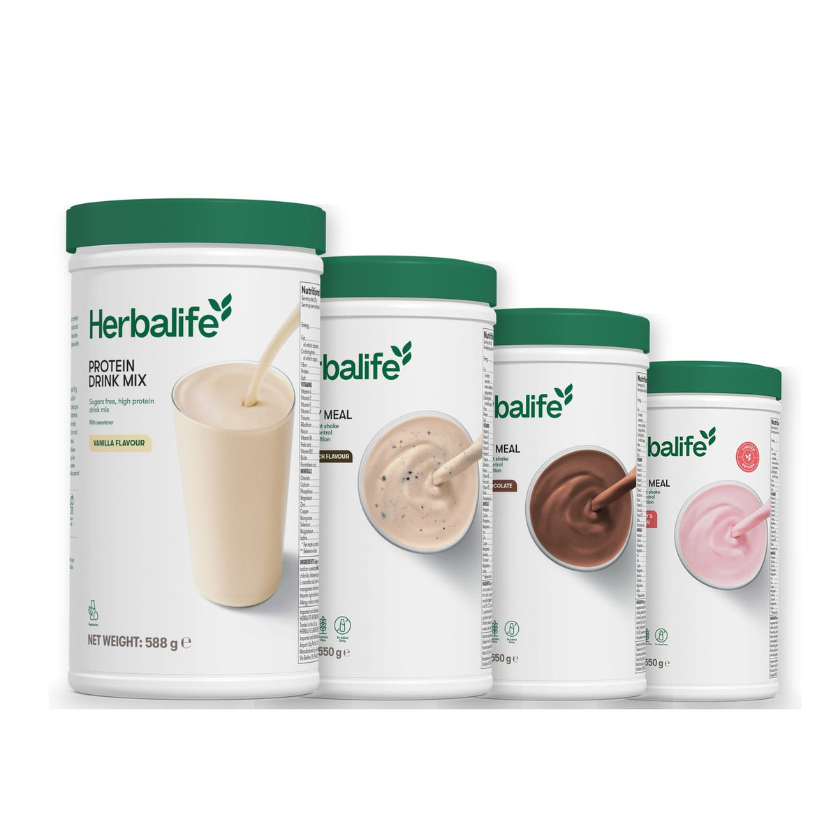 Formula 1 Cookie Crunch shake tub with two more Formula 1 tubs and a vanilla Protein Drink Mix tub, Chocolate / Strawberry Watermelon