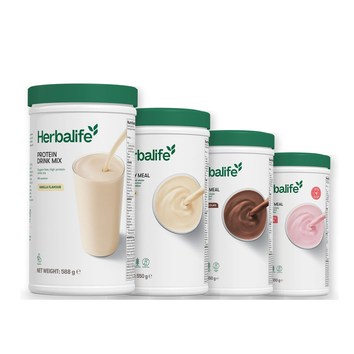 Formula 1 Vanilla Cream shake tub with two more Formula 1 tubs and a vanilla Protein Drink Mix tub, Chocolate / Strawberry Watermelon