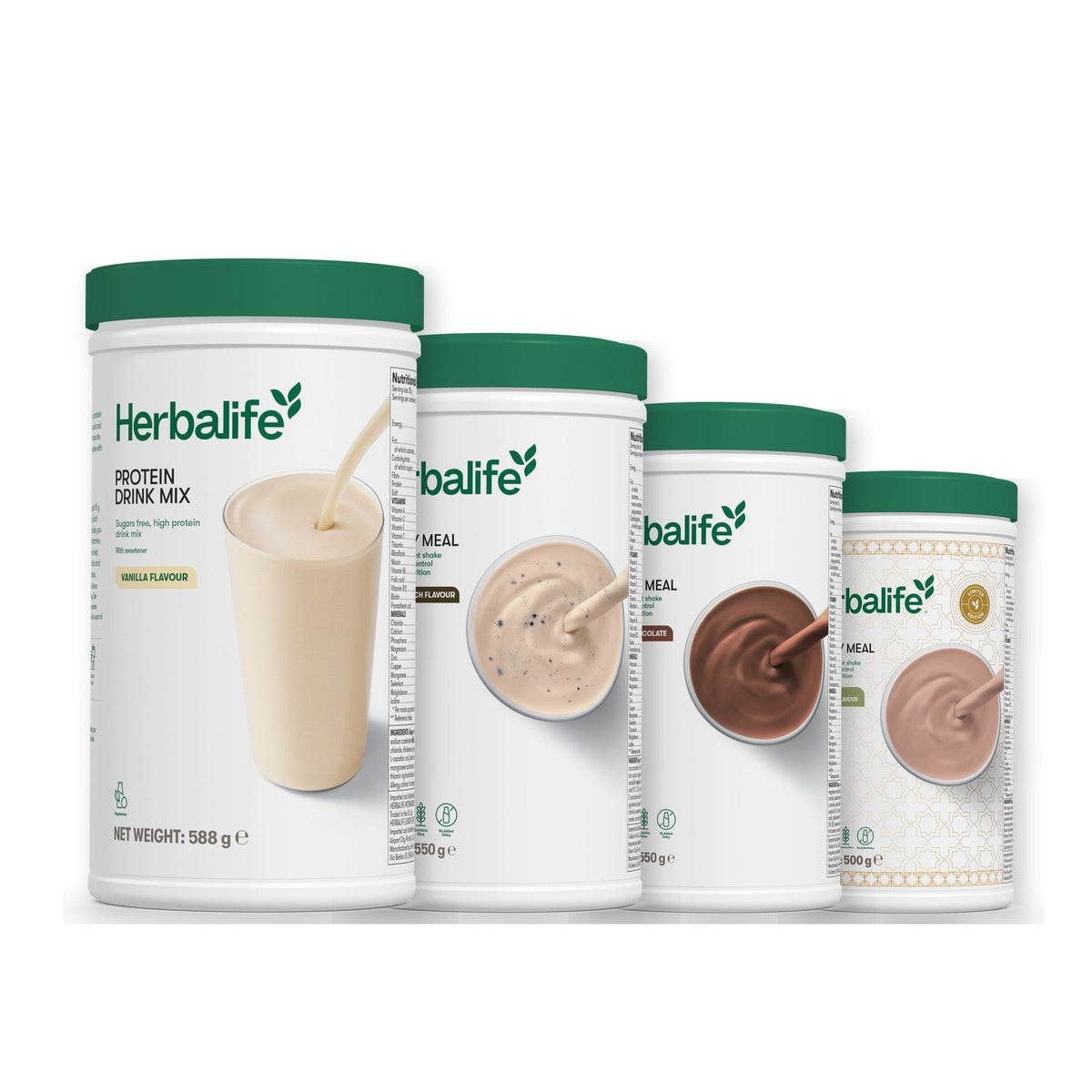 Formula 1 Cookie Crunch shake tub with two more Formula 1 tubs and a vanilla Protein Drink Mix tub, Chocolate / Dubai Style Chocolate