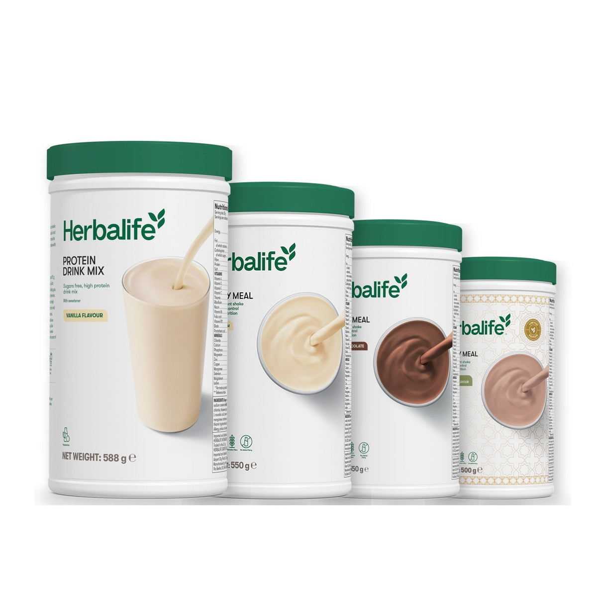 Formula 1 Vanilla Cream shake tub with two more Formula 1 tubs and a vanilla Protein Drink Mix tub, Chocolate / Dubai Style Chocolate