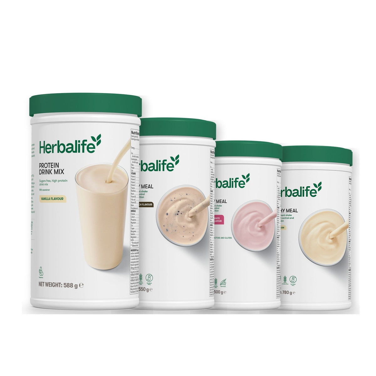 Formula 1 Cookie Crunch shake tub with two more Formula 1 tubs and a vanilla Protein Drink Mix tub, Free From Raspberry & White Chocolate / Vanilla (Large 780g)