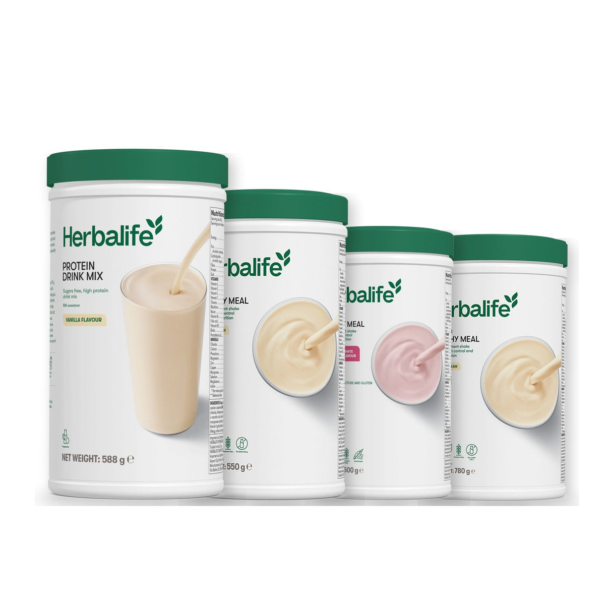 Formula 1 Vanilla Cream shake tub with two more Formula 1 tubs and a vanilla Protein Drink Mix tub, Free From Raspberry & White Chocolate / Vanilla (Large 780g)