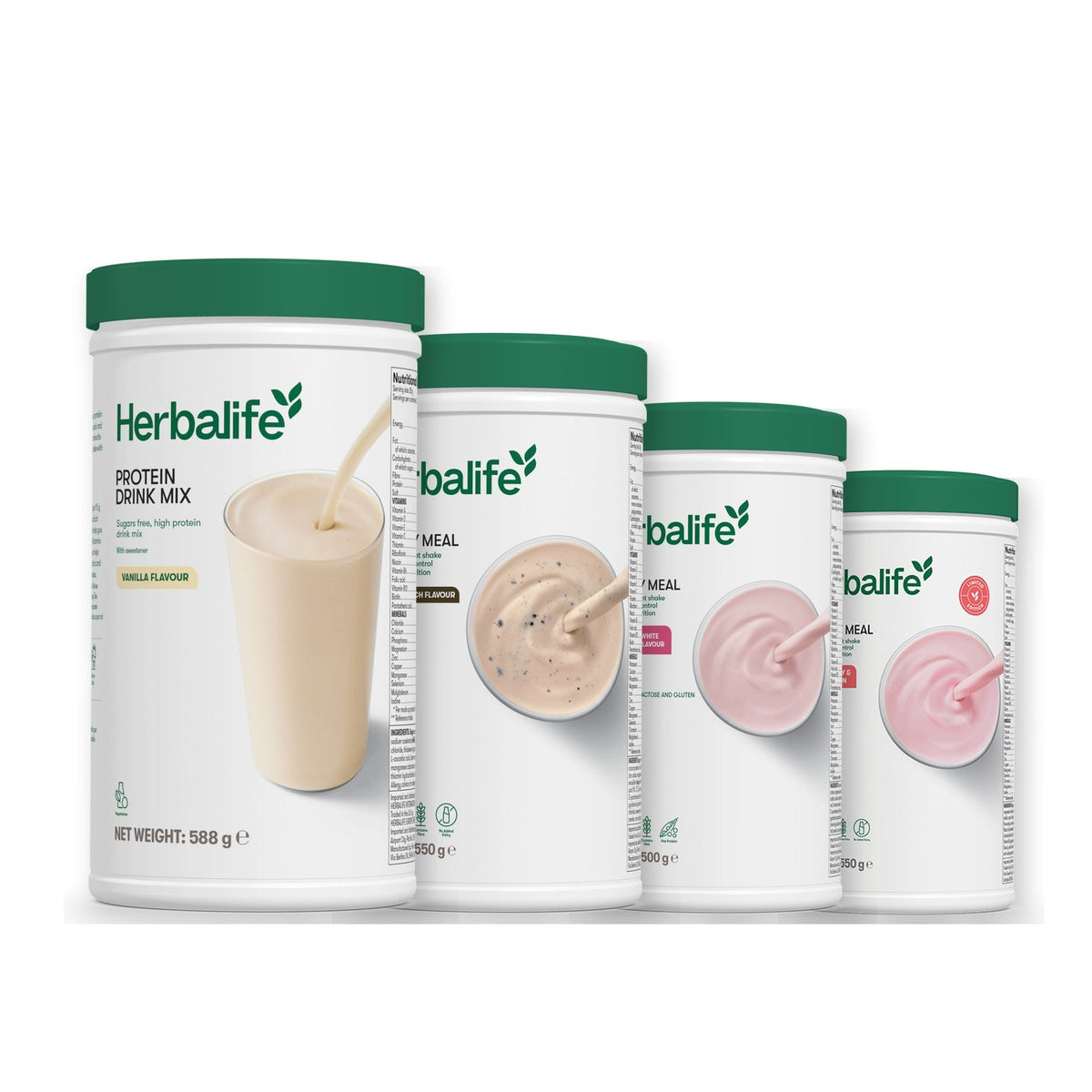 Formula 1 Cookie Crunch shake tub with two more Formula 1 tubs and a vanilla Protein Drink Mix tub, Free From Raspberry & White Chocolate / Strawberry Watermelon