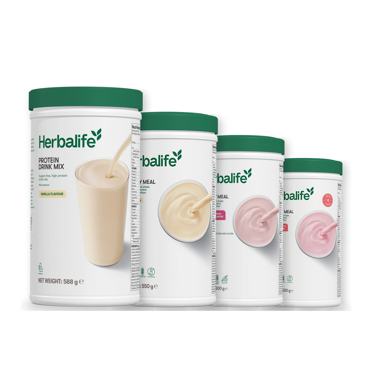 Formula 1 Vanilla Cream shake tub with two more Formula 1 tubs and a vanilla Protein Drink Mix tub, Free From Raspberry & White Chocolate / Strawberry Watermelon