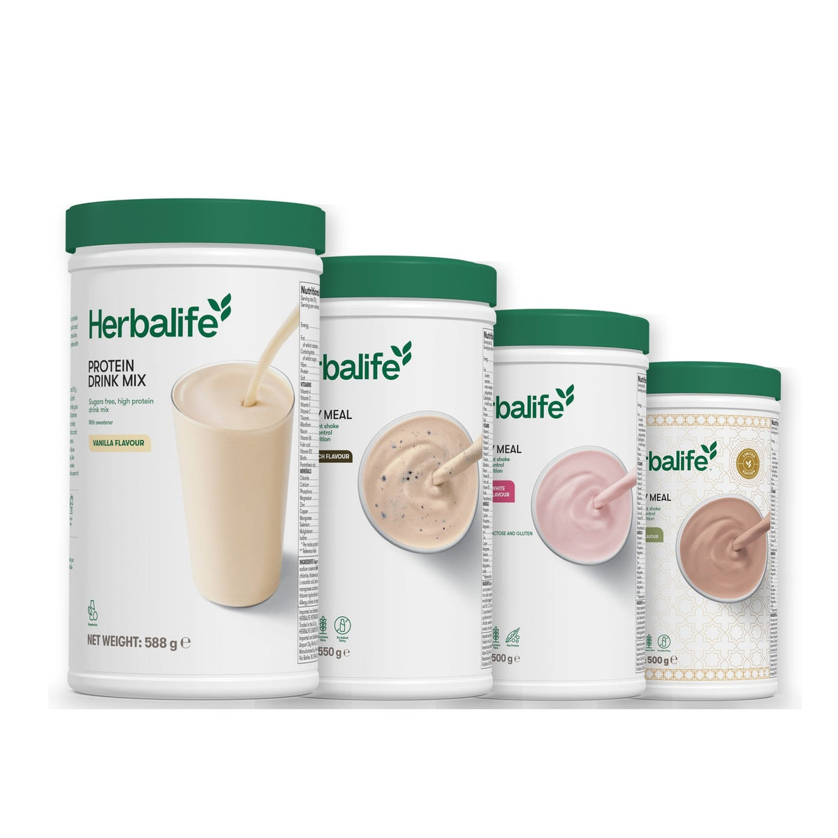 Formula 1 Cookie Crunch shake tub with two more Formula 1 tubs and a vanilla Protein Drink Mix tub, Free From Raspberry & White Chocolate / Dubai Style Chocolate