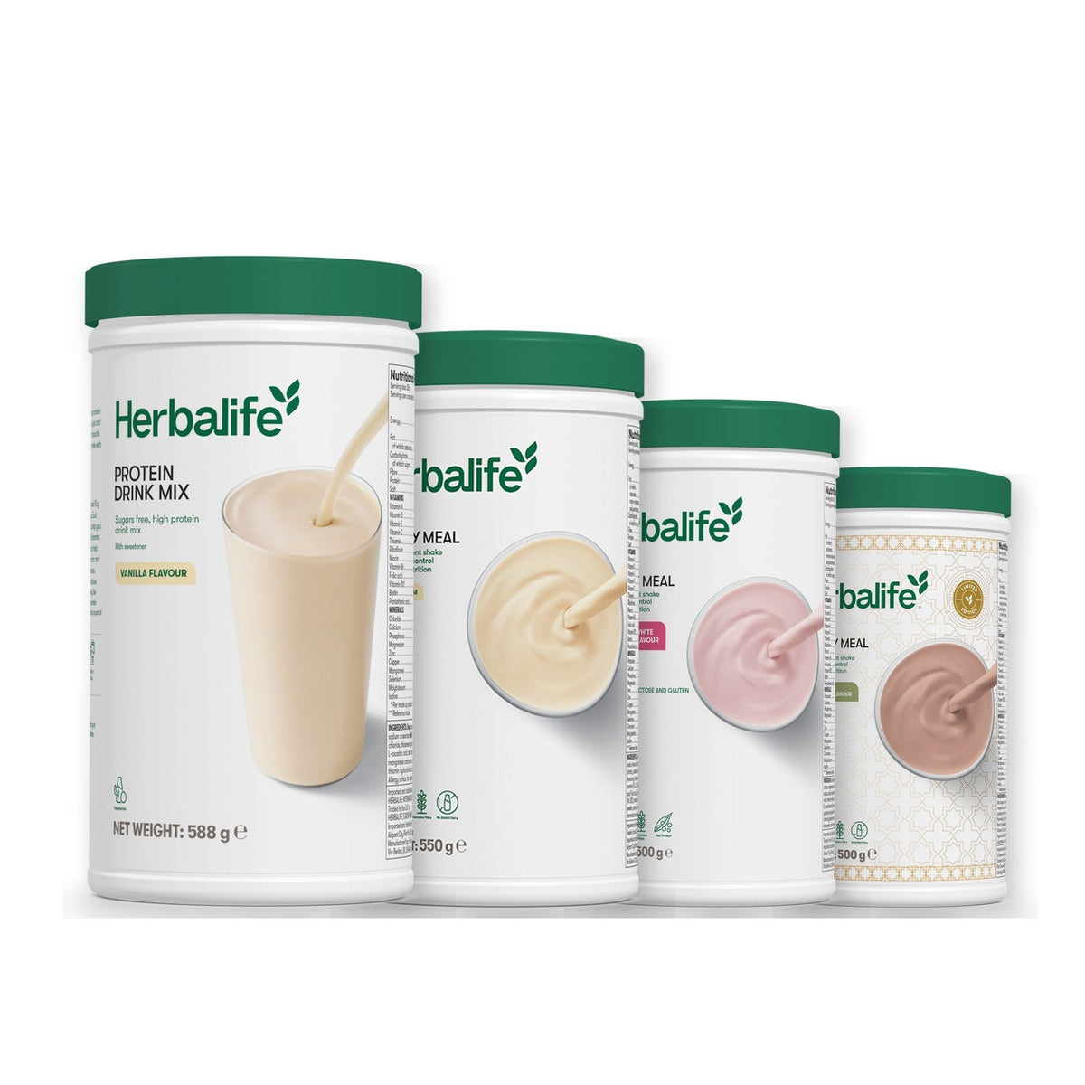 Formula 1 Vanilla Cream shake tub with two more Formula 1 tubs and a vanilla Protein Drink Mix tub, Free From Raspberry & White Chocolate / Dubai Style Chocolate