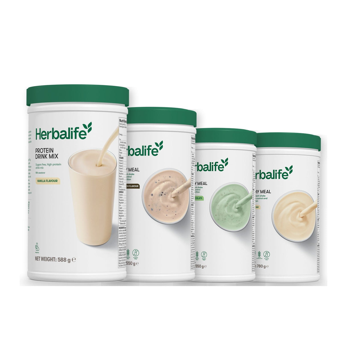 Formula 1 Cookie Crunch shake tub with two more Formula 1 tubs and a vanilla Protein Drink Mix tub, Mint Chocolate / Vanilla (Large 780g)