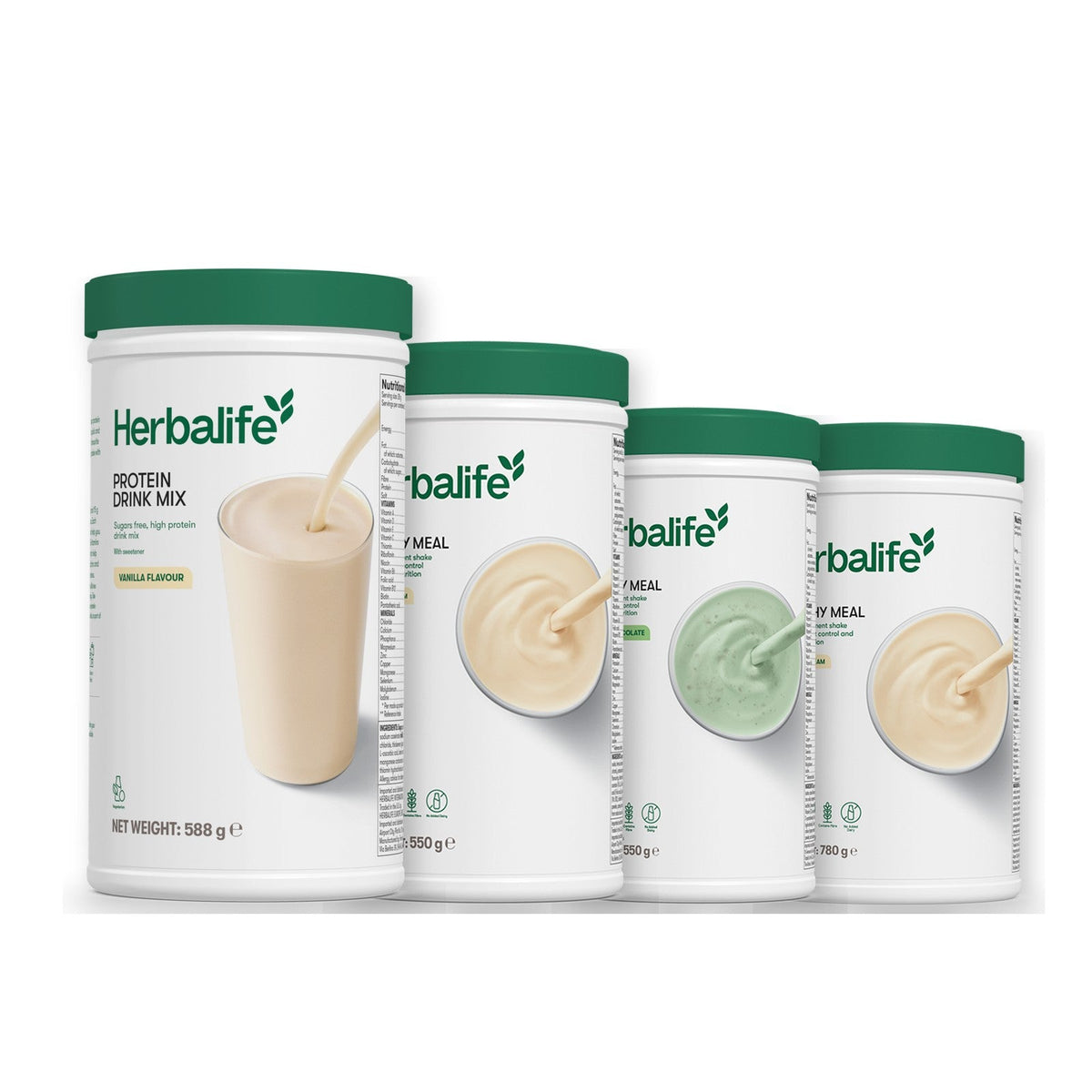 Formula 1 Vanilla Cream shake tub with two more Formula 1 tubs and a vanilla Protein Drink Mix tub, Mint Chocolate / Vanilla (Large 780g)