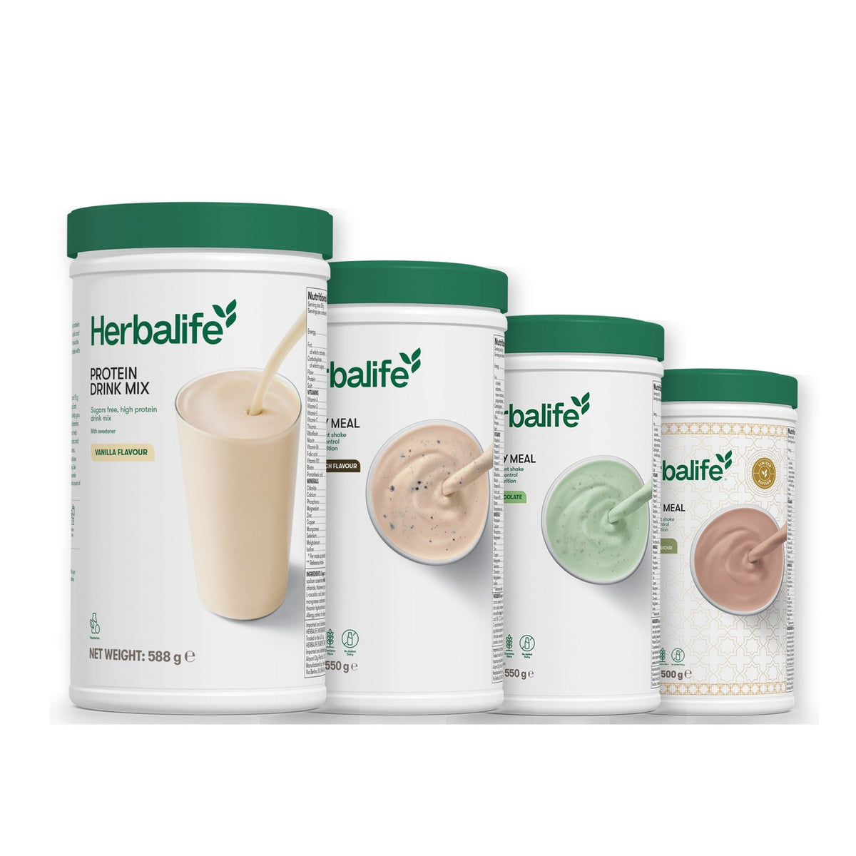 Formula 1 Cookie Crunch shake tub with two more Formula 1 tubs and a vanilla Protein Drink Mix tub, Mint Chocolate / Dubai Style Chocolate
