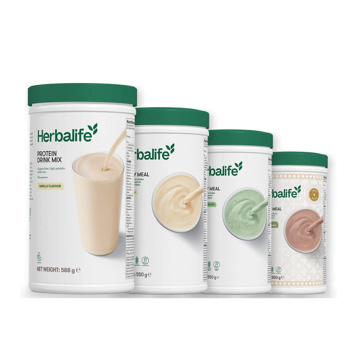 Formula 1 Vanilla Cream shake tub with two more Formula 1 tubs and a vanilla Protein Drink Mix tub, Mint Chocolate / Dubai Style Chocolate