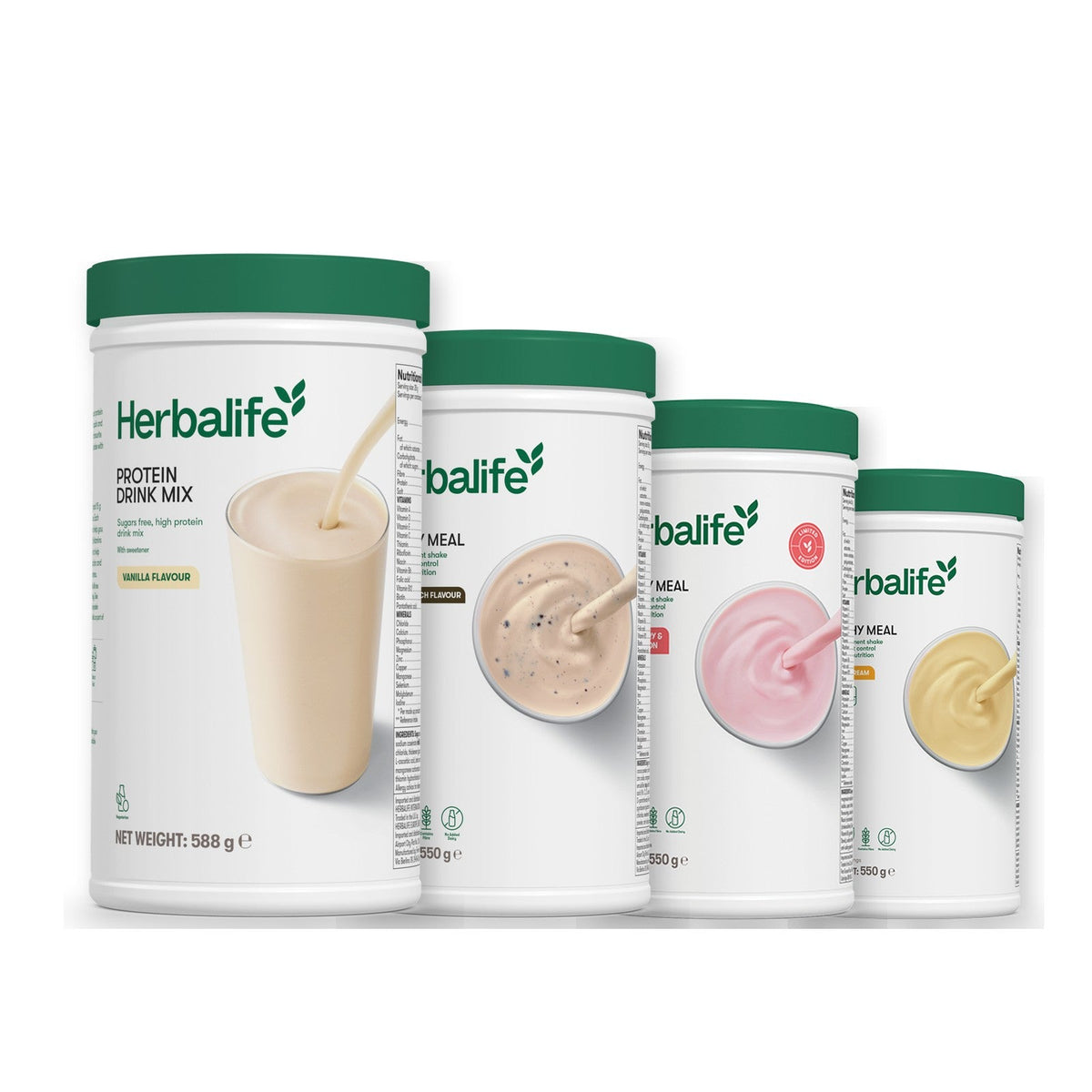 Formula 1 Cookie Crunch shake tub with two more Formula 1 tubs and a vanilla Protein Drink Mix tub, Strawberry Watermelon / Banana Cream