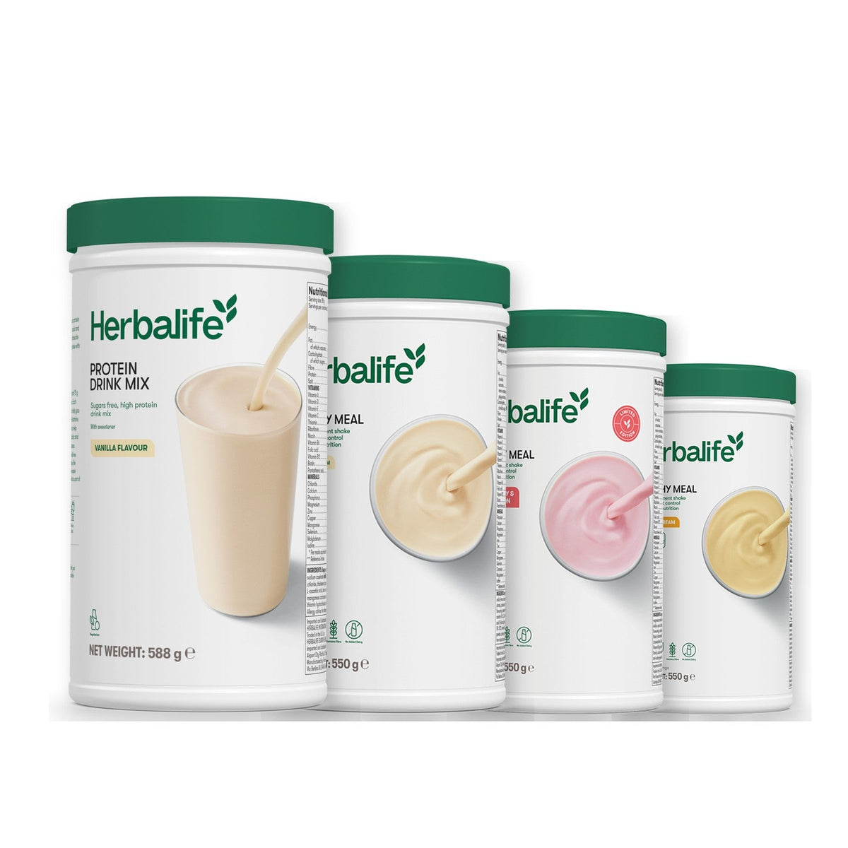 Formula 1 Vanilla Cream shake tub with two more Formula 1 tubs and a vanilla Protein Drink Mix tub, Strawberry Watermelon / Banana Cream