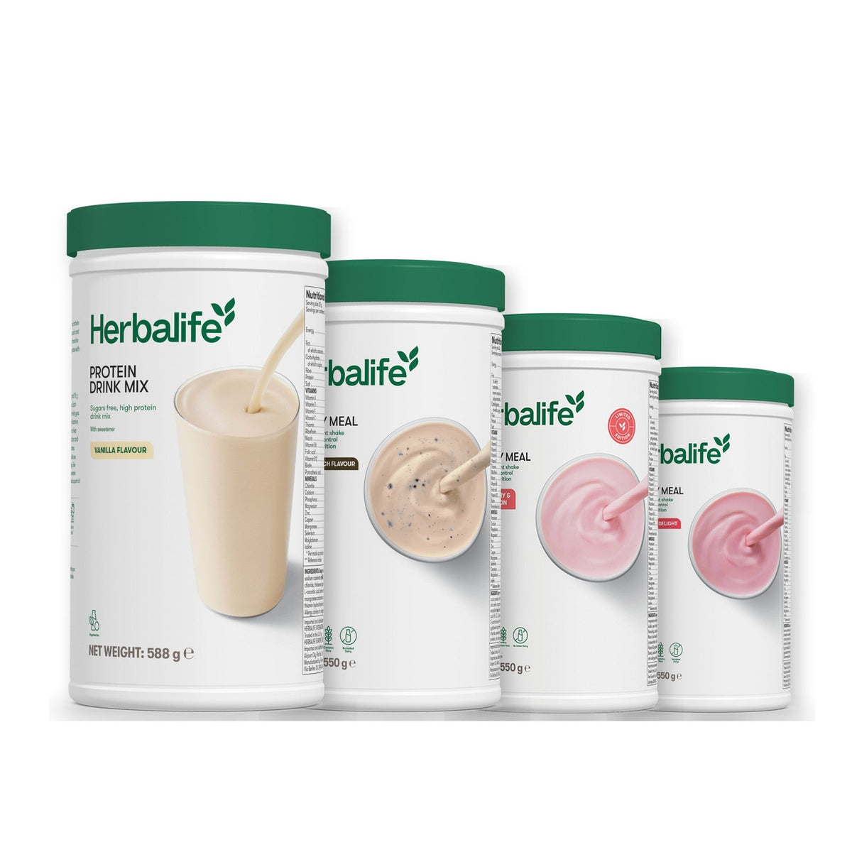 Formula 1 Cookie Crunch shake tub with two more Formula 1 tubs and a vanilla Protein Drink Mix tub, Strawberry Watermelon / Strawberry