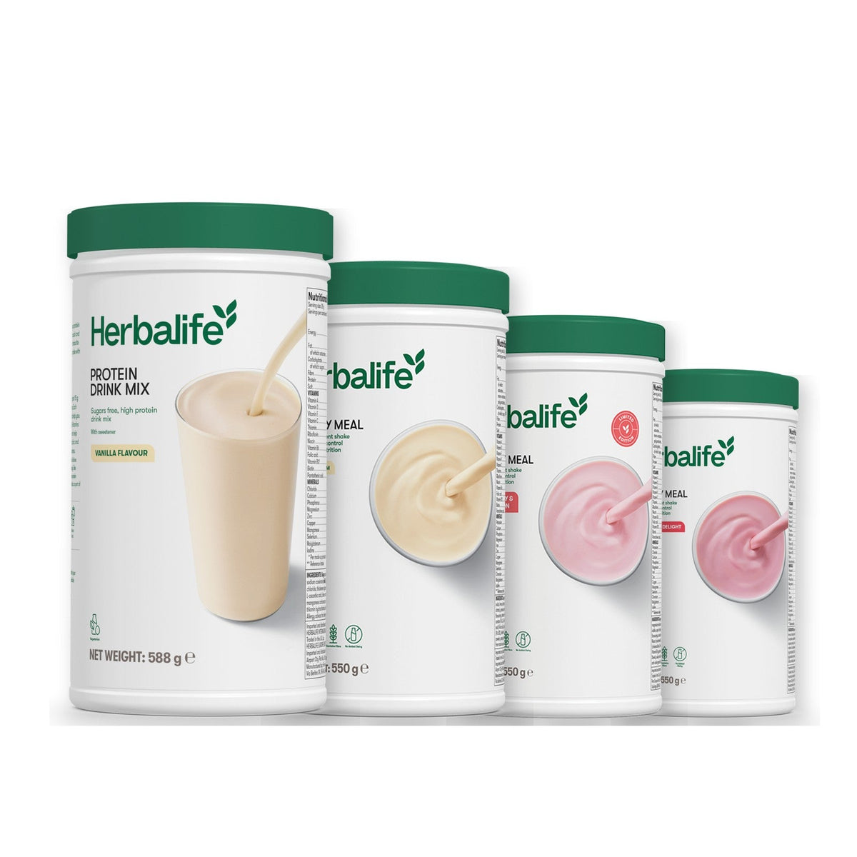 Formula 1 Vanilla Cream shake tub with two more Formula 1 tubs and a vanilla Protein Drink Mix tub, Strawberry Watermelon / Strawberry