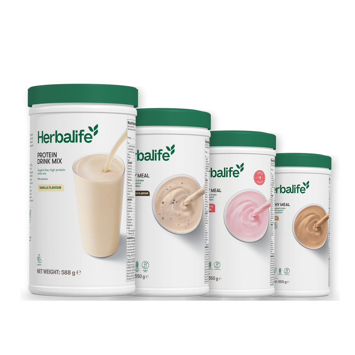 Formula 1 Cookie Crunch shake tub with two more Formula 1 tubs and a vanilla Protein Drink Mix tub, Strawberry Watermelon / Cafe Latte