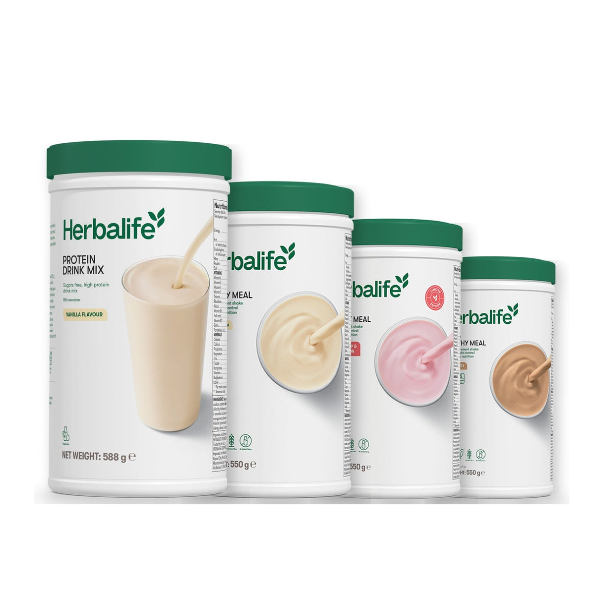 Formula 1 Vanilla Cream shake tub with two more Formula 1 tubs and a vanilla Protein Drink Mix tub, Strawberry Watermelon / Cafe Latte