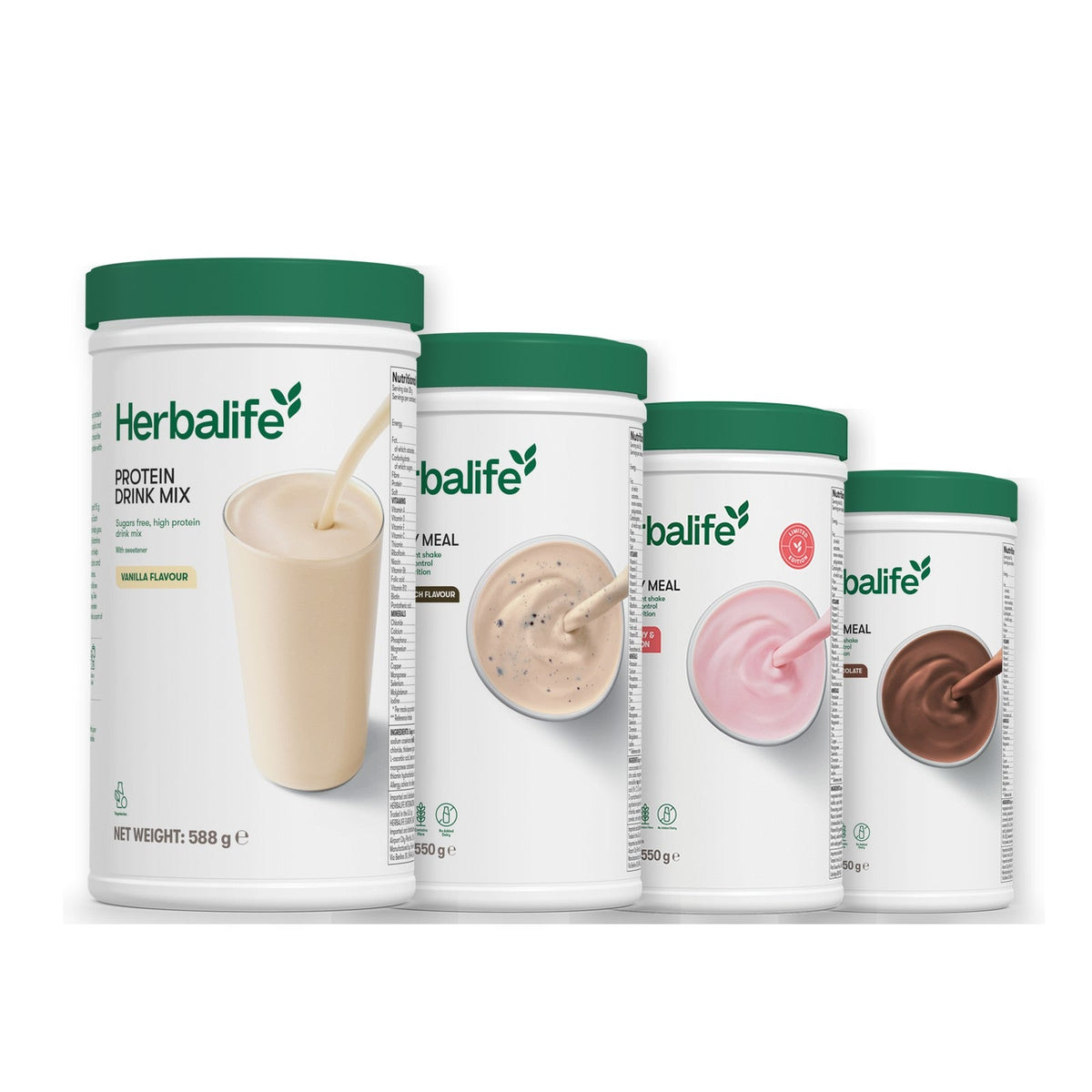 Formula 1 Cookie Crunch shake tub with two more Formula 1 tubs and a vanilla Protein Drink Mix tub, Strawberry Watermelon / Chocolate