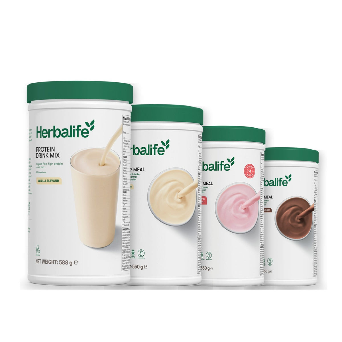 Formula 1 Vanilla Cream shake tub with two more Formula 1 tubs and a vanilla Protein Drink Mix tub, Strawberry Watermelon / Chocolate