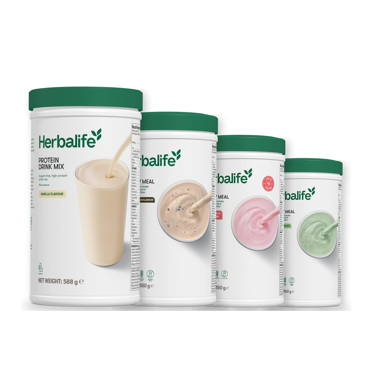 Formula 1 Cookie Crunch shake tub with two more Formula 1 tubs and a vanilla Protein Drink Mix tub, Strawberry Watermelon / Mint Chocolate