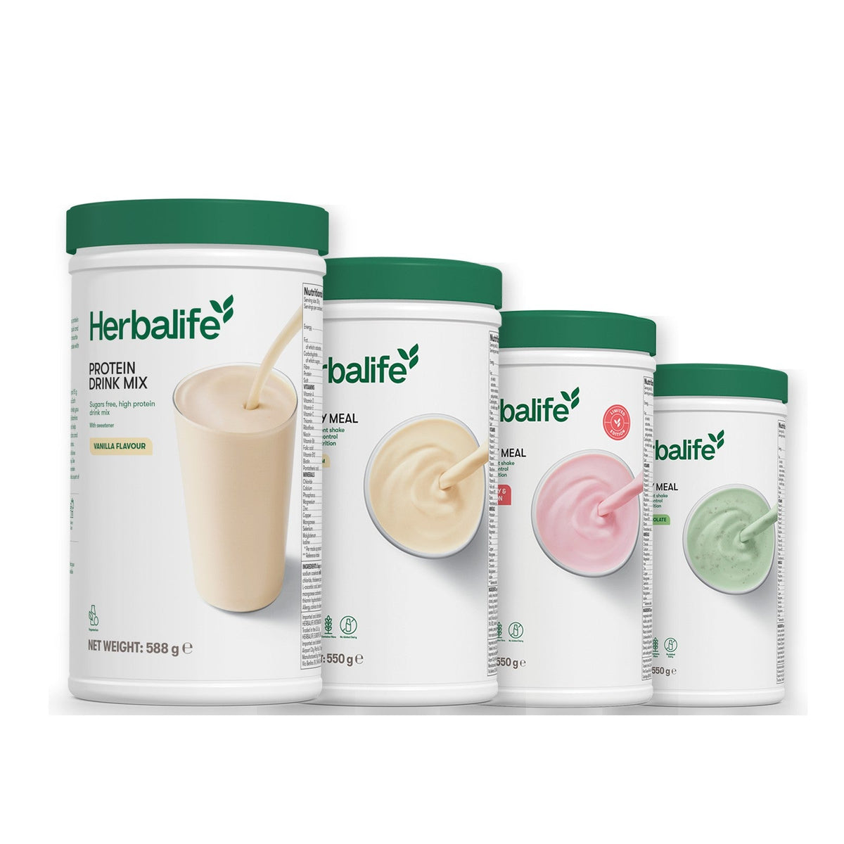 Formula 1 Vanilla Cream shake tub with two more Formula 1 tubs and a vanilla Protein Drink Mix tub, Strawberry Watermelon / Mint Chocolate