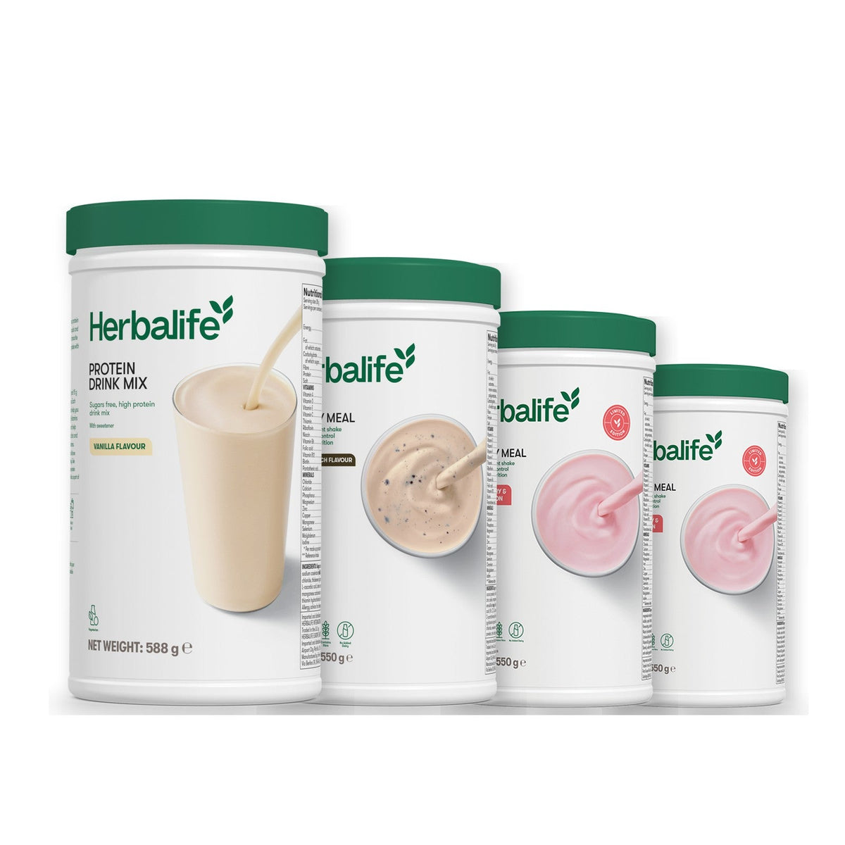 Formula 1 Cookie Crunch shake tub with two more Formula 1 tubs and a vanilla Protein Drink Mix tub, Strawberry Watermelon / Strawberry Watermelon