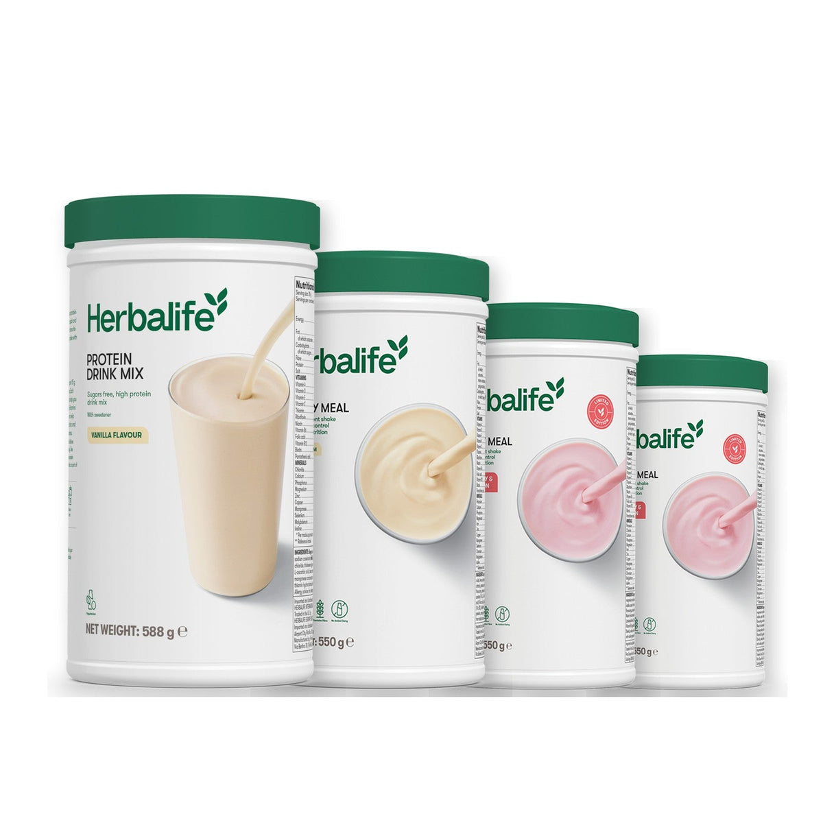 Formula 1 Vanilla Cream shake tub with two more Formula 1 tubs and a vanilla Protein Drink Mix tub, Strawberry Watermelon / Strawberry Watermelon