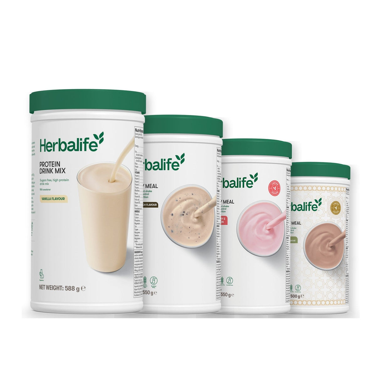 Formula 1 Cookie Crunch shake tub with two more Formula 1 tubs and a vanilla Protein Drink Mix tub, Strawberry Watermelon / Dubai Style Chocolate