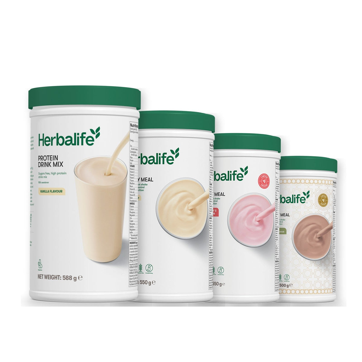 Formula 1 Vanilla Cream shake tub with two more Formula 1 tubs and a vanilla Protein Drink Mix tub, Strawberry Watermelon / Dubai Style Chocolate