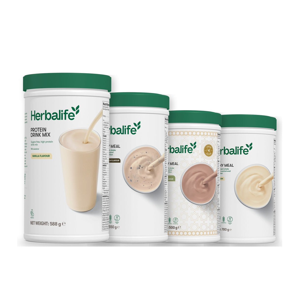 Formula 1 Cookie Crunch shake tub with two more Formula 1 tubs and a vanilla Protein Drink Mix tub, Dubai Style Chocolate / Vanilla (Large 780g)
