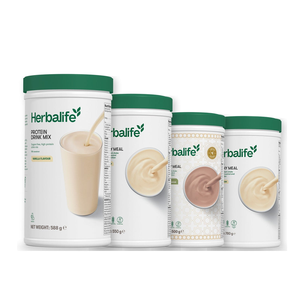 Formula 1 Vanilla Cream shake tub with two more Formula 1 tubs and a vanilla Protein Drink Mix tub, Dubai Style Chocolate / Vanilla (Large 780g)