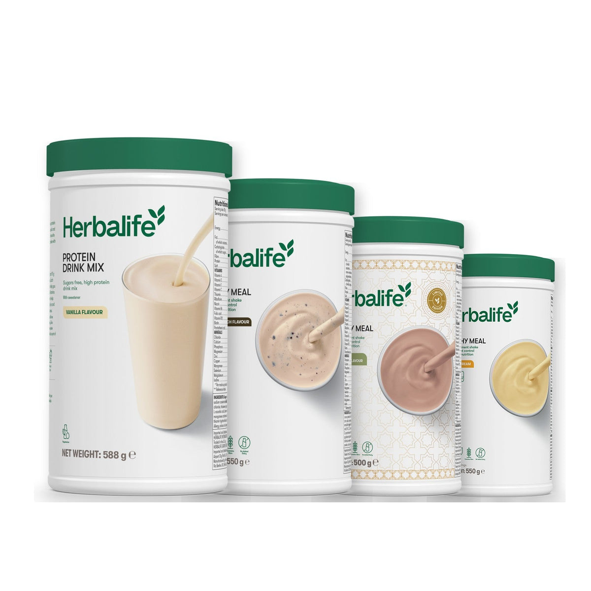 Formula 1 Cookie Crunch shake tub with two more Formula 1 tubs and a vanilla Protein Drink Mix tub, Dubai Style Chocolate / Banana Cream