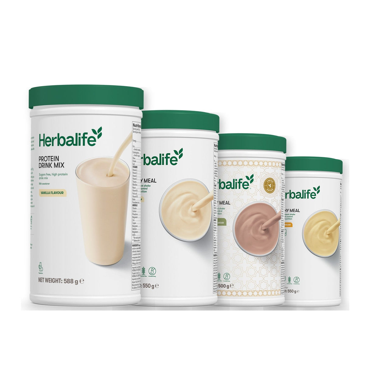 Formula 1 Vanilla Cream shake tub with two more Formula 1 tubs and a vanilla Protein Drink Mix tub, Dubai Style Chocolate / Banana Cream