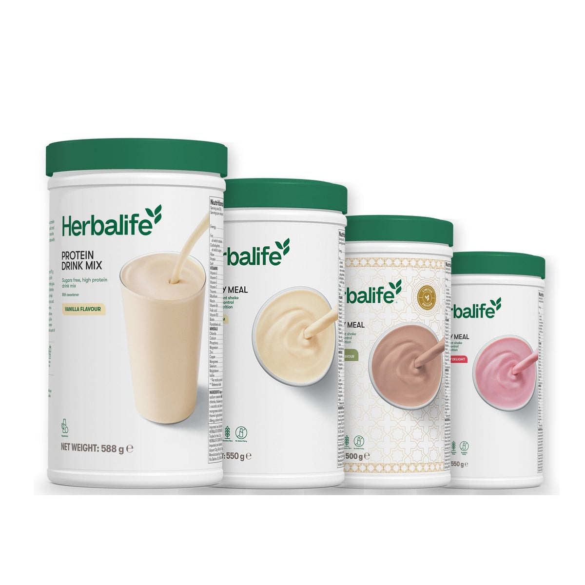 Formula 1 Vanilla Cream shake tub with two more Formula 1 tubs and a vanilla Protein Drink Mix tub, Dubai Style Chocolate / Strawberry