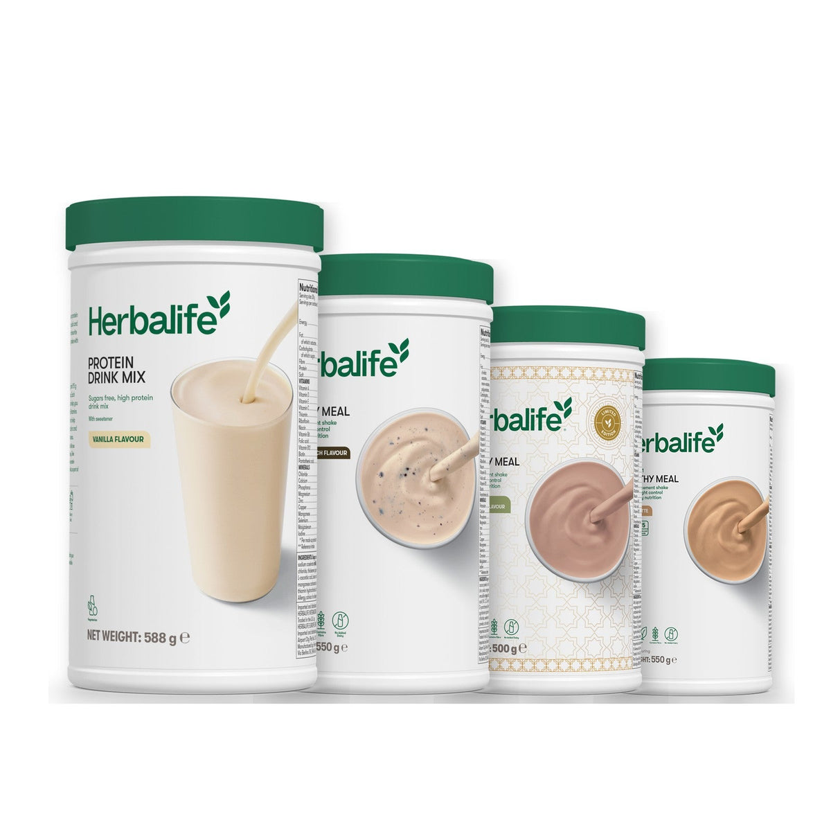 Formula 1 Cookie Crunch shake tub with two more Formula 1 tubs and a vanilla Protein Drink Mix tub, Dubai Style Chocolate / Cafe Latte