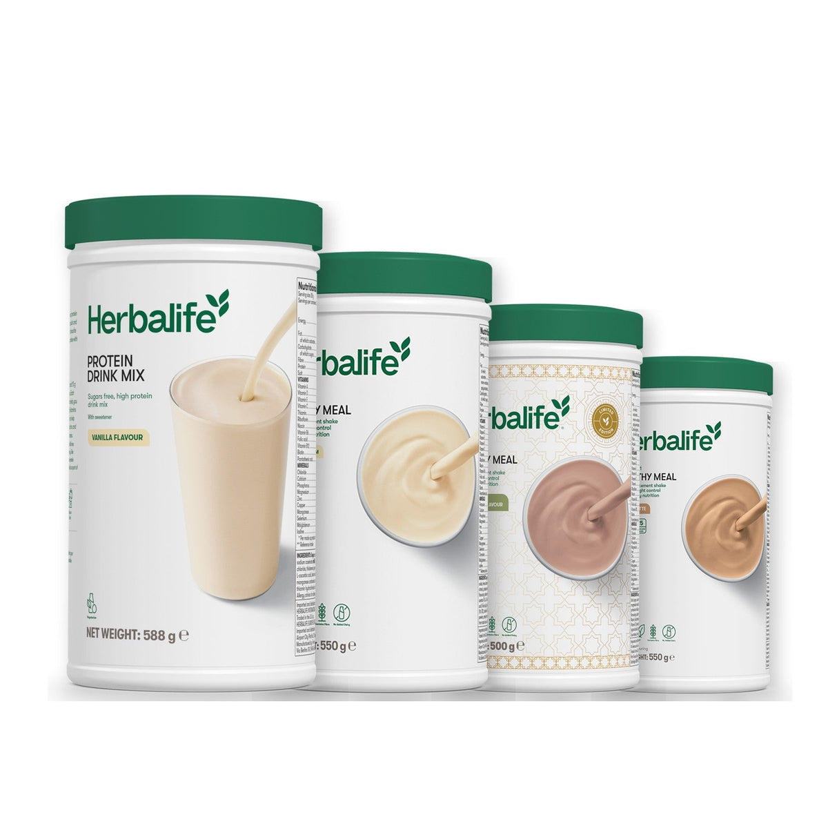 Formula 1 Vanilla Cream shake tub with two more Formula 1 tubs and a vanilla Protein Drink Mix tub, Dubai Style Chocolate / Cafe Latte
