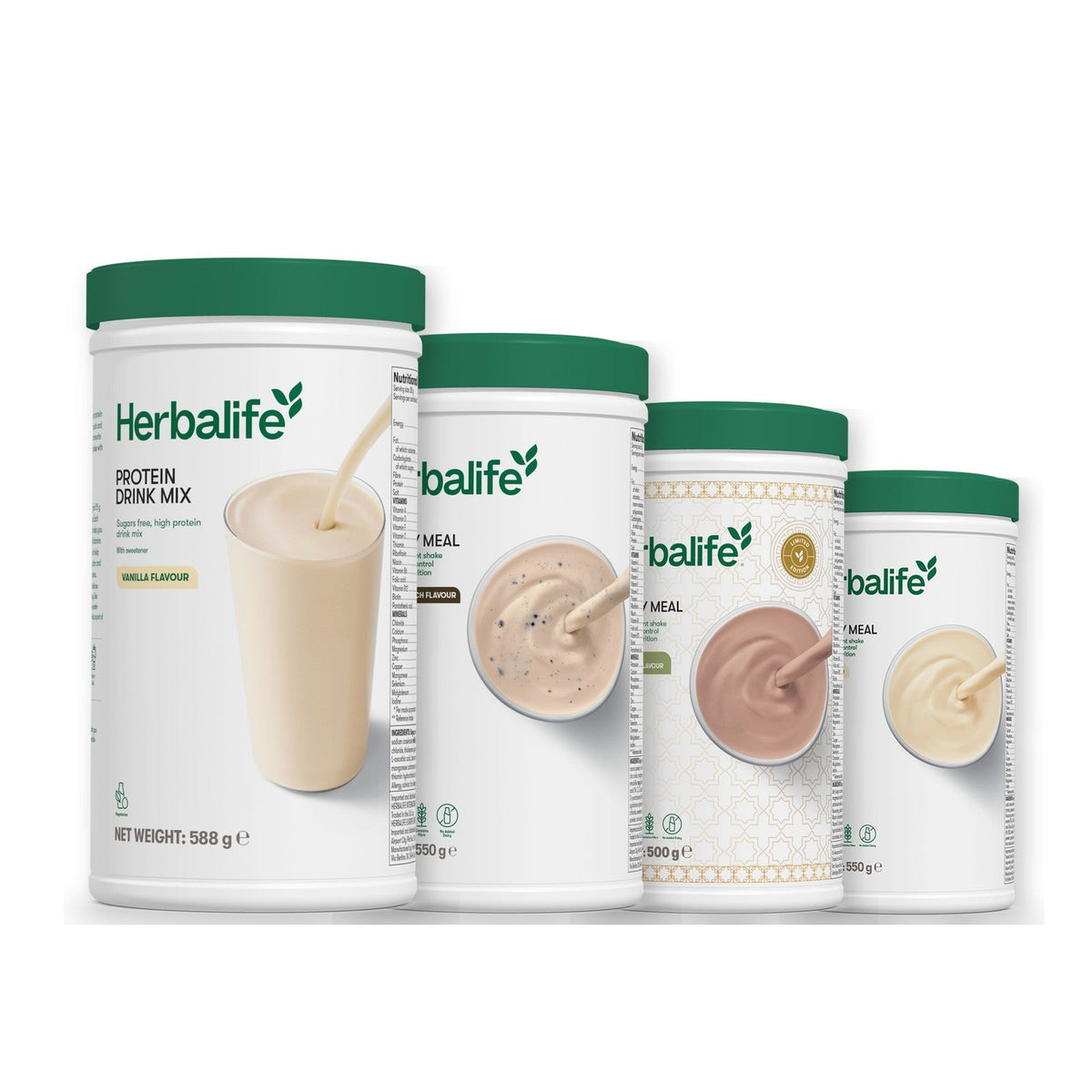 Formula 1 Cookie Crunch shake tub with two more Formula 1 tubs and a vanilla Protein Drink Mix tub, Dubai Style Chocolate / Vanilla