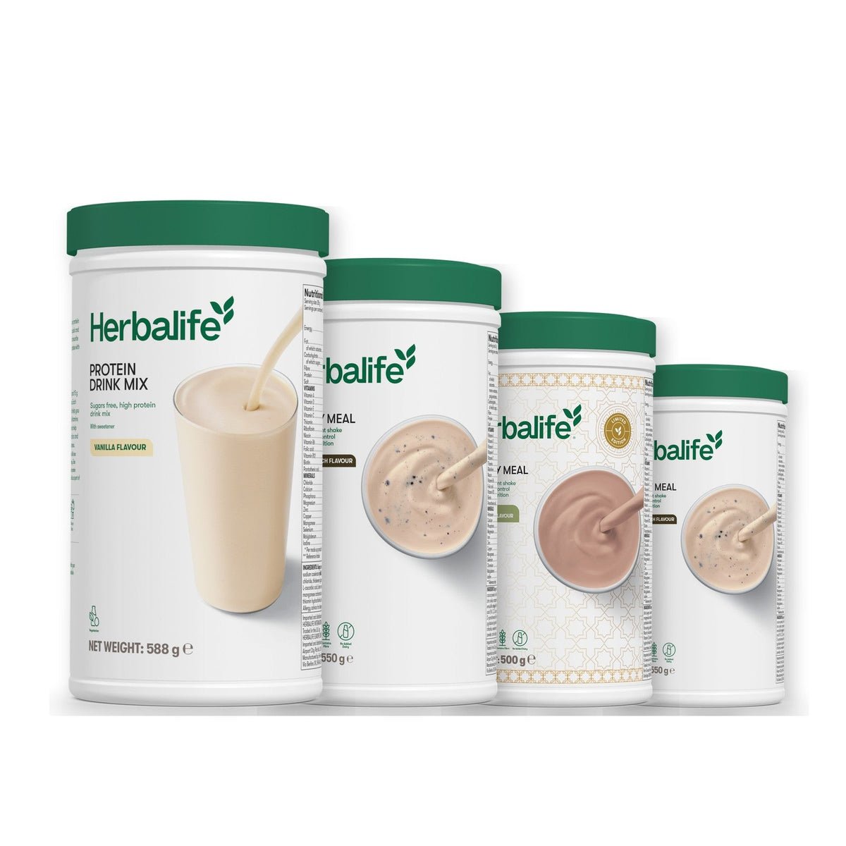Formula 1 Cookie Crunch shake tub with two more Formula 1 tubs and a vanilla Protein Drink Mix tub, Dubai Style Chocolate / Cookie Crunch