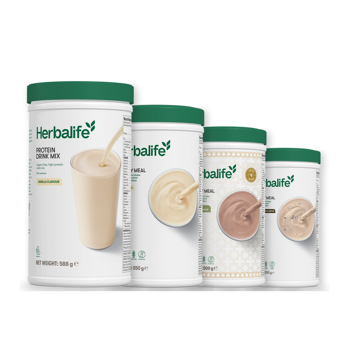 Formula 1 Vanilla Cream shake tub with two more Formula 1 tubs and a vanilla Protein Drink Mix tub, Dubai Style Chocolate / Cookie Crunch