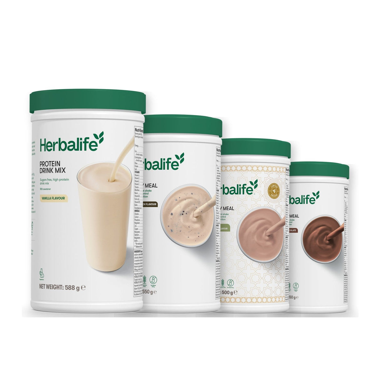 Formula 1 Cookie Crunch shake tub with two more Formula 1 tubs and a vanilla Protein Drink Mix tub, Dubai Style Chocolate / Chocolate