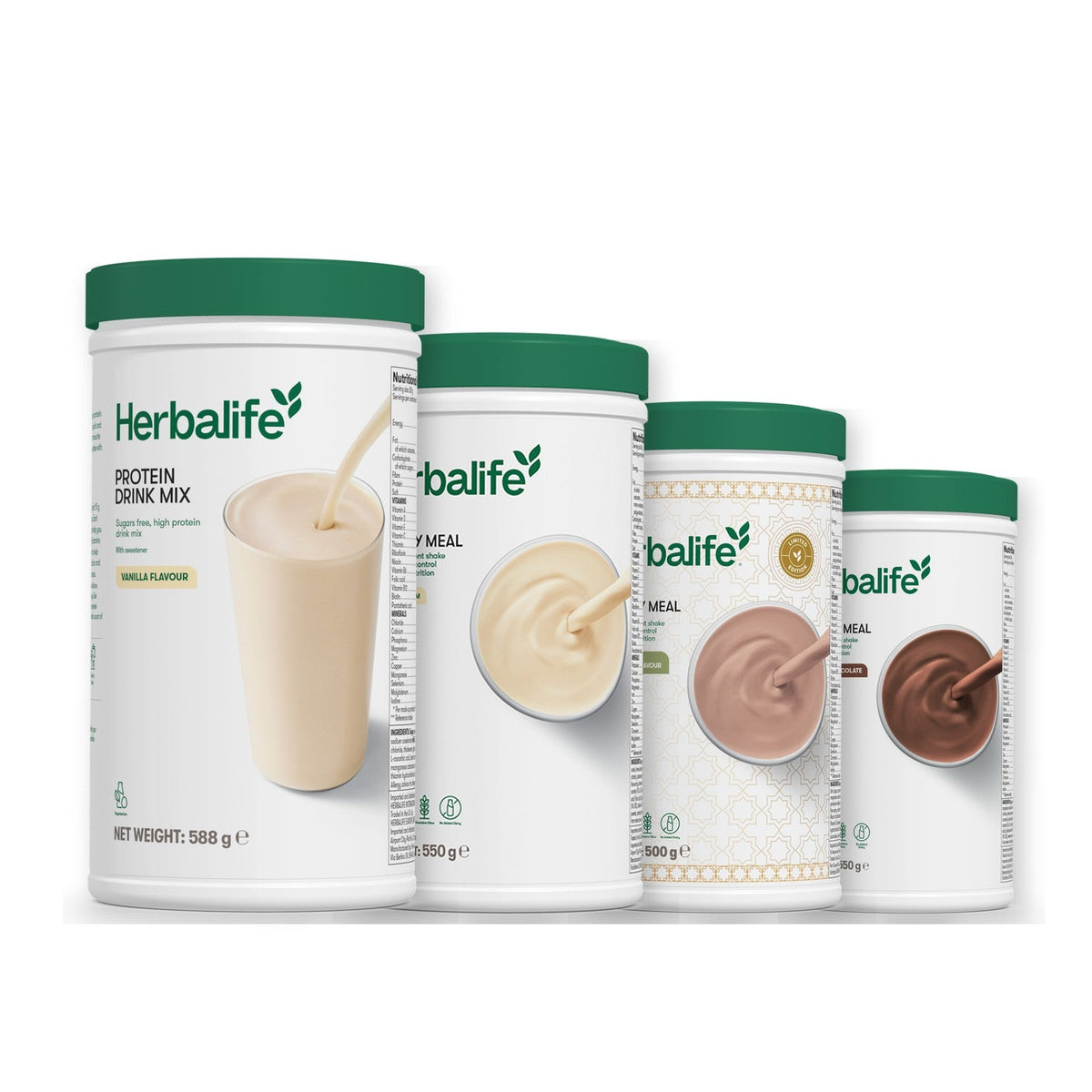 Formula 1 Vanilla Cream shake tub with two more Formula 1 tubs and a vanilla Protein Drink Mix tub, Dubai Style Chocolate / Chocolate