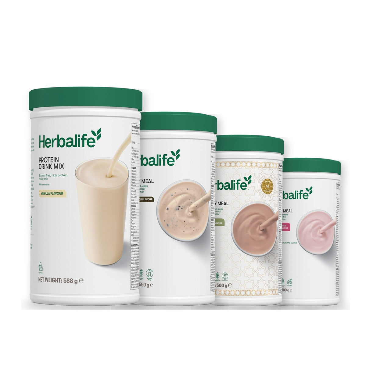 Formula 1 Cookie Crunch shake tub with two more Formula 1 tubs and a vanilla Protein Drink Mix tub, Dubai Style Chocolate / Free From Raspberry & White Chocolate