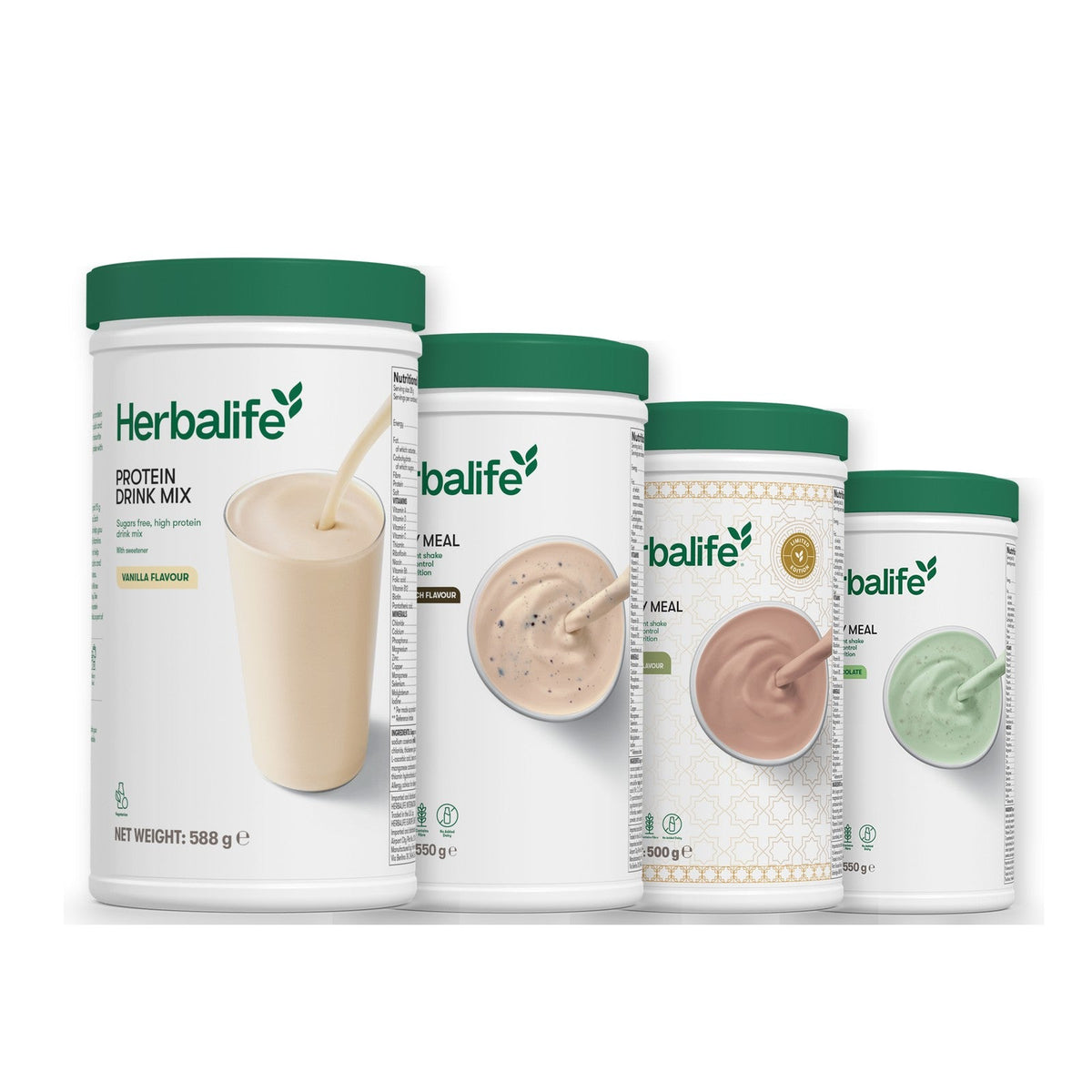 Formula 1 Cookie Crunch shake tub with two more Formula 1 tubs and a vanilla Protein Drink Mix tub, Dubai Style Chocolate / Mint Chocolate