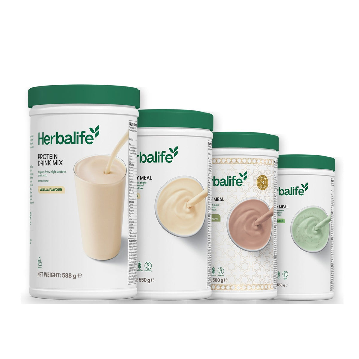 Formula 1 Vanilla Cream shake tub with two more Formula 1 tubs and a vanilla Protein Drink Mix tub, Dubai Style Chocolate / Mint Chocolate