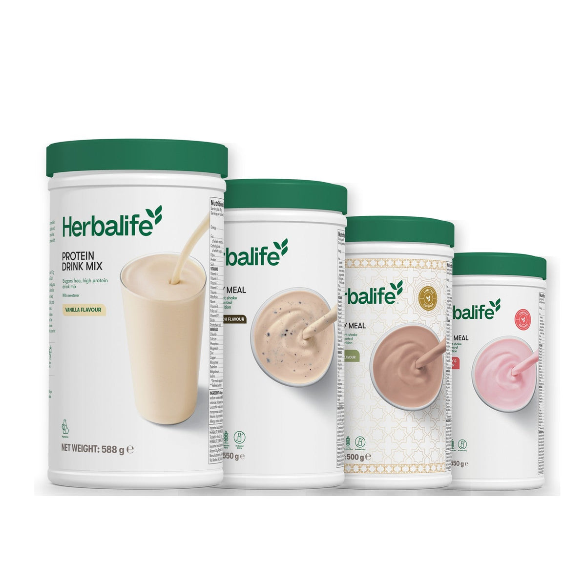 Formula 1 Cookie Crunch shake tub with two more Formula 1 tubs and a vanilla Protein Drink Mix tub, Dubai Style Chocolate / Strawberry Watermelon