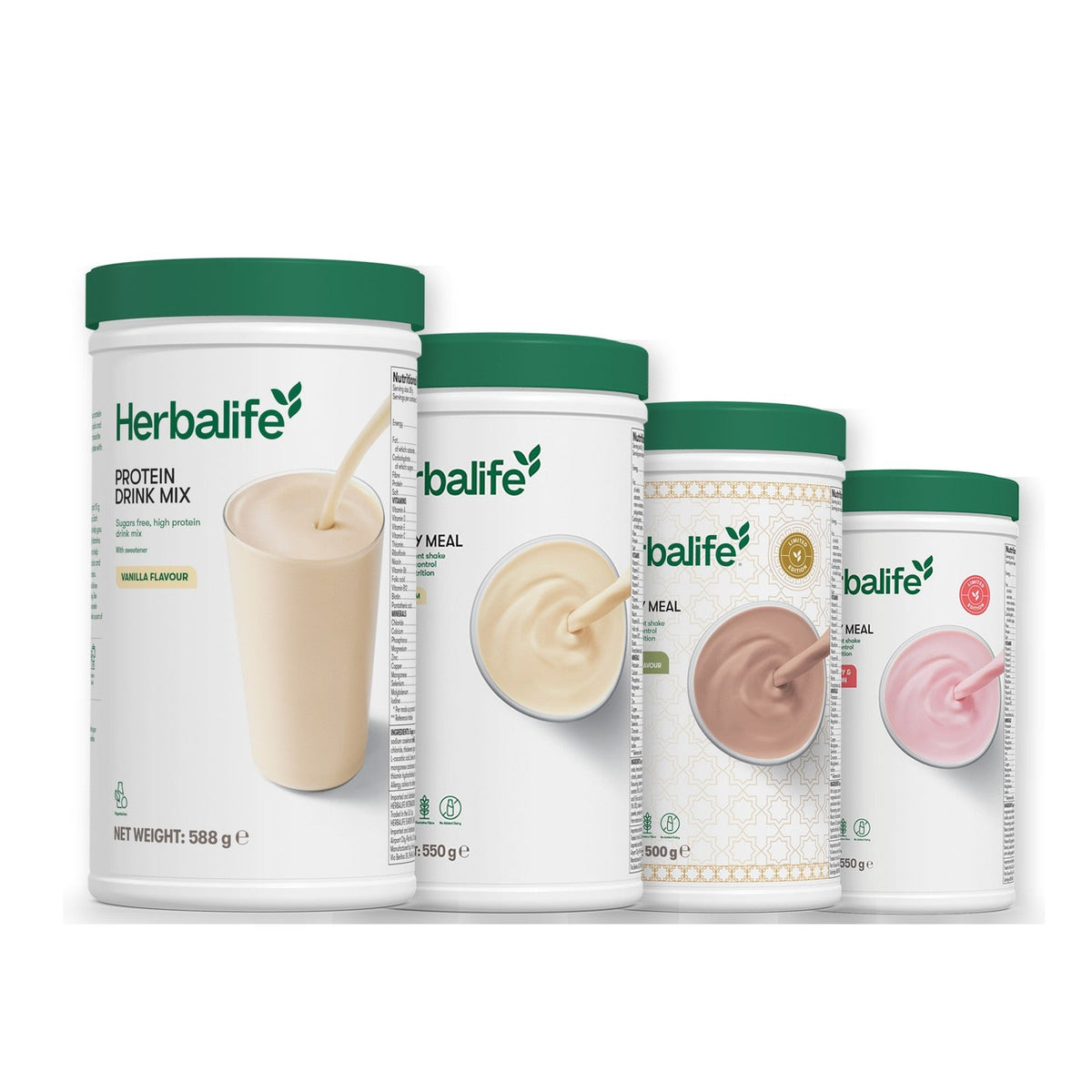 Formula 1 Vanilla Cream shake tub with two more Formula 1 tubs and a vanilla Protein Drink Mix tub, Dubai Style Chocolate / Strawberry Watermelon