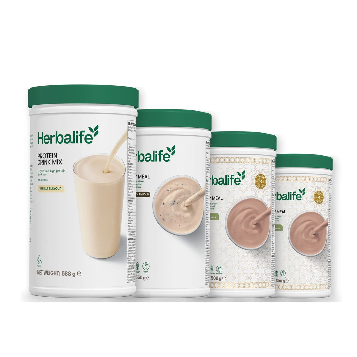 Formula 1 Cookie Crunch shake tub with two more Formula 1 tubs and a vanilla Protein Drink Mix tub, Dubai Style Chocolate / Dubai Style Chocolate