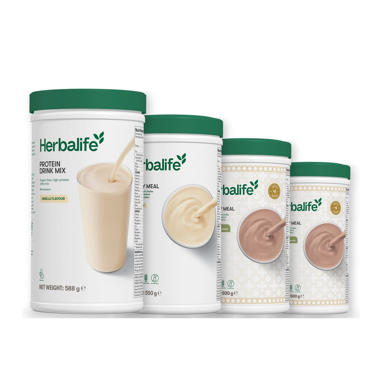 Formula 1 Vanilla Cream shake tub with two more Formula 1 tubs and a vanilla Protein Drink Mix tub, Dubai Style Chocolate / Dubai Style Chocolate